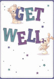 Delivering a cheerful burst of optimism, this illustrated get well card spotlights two irresistibly cute characters-a teddy bear and a floppy-eared puppy-bounding from the page with infectious energy. They beam, each balancing one half of the bold, vibrant message 'Get Well,' their figures radiating tenderness and playful strength. The letters themselves-rendered in indigo and teal-pop against a soft, creamy background, their hues illuminated by twinkling blue and purple stars, reminiscent of the peaceful evenings along Woking's Basingstoke Canal. Every detail in their fur suggests comforting softness, evoking the tactile pleasure of a freshly tied, hand-delivered bouquet. This card, like a loving gesture from a local Woking florist, offers emotional uplift, turning a simple wish into a warm, sincere embrace and a bright spot for anyone healing at home or nearby.